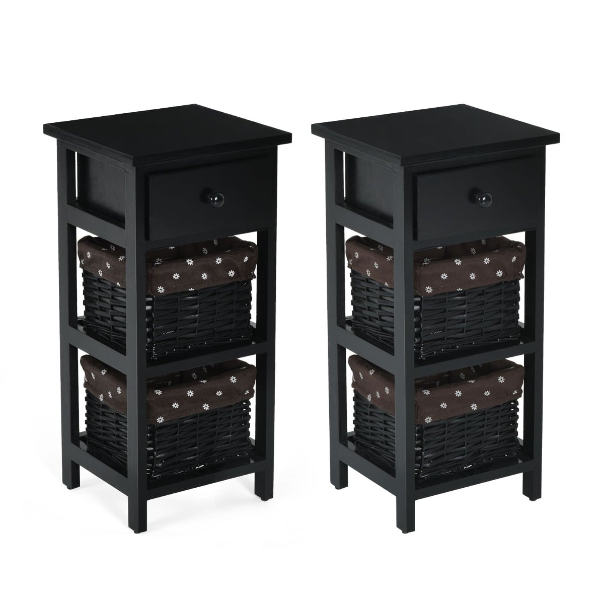 3-Tier Black Nightstand with Drawer and 2 Baskets