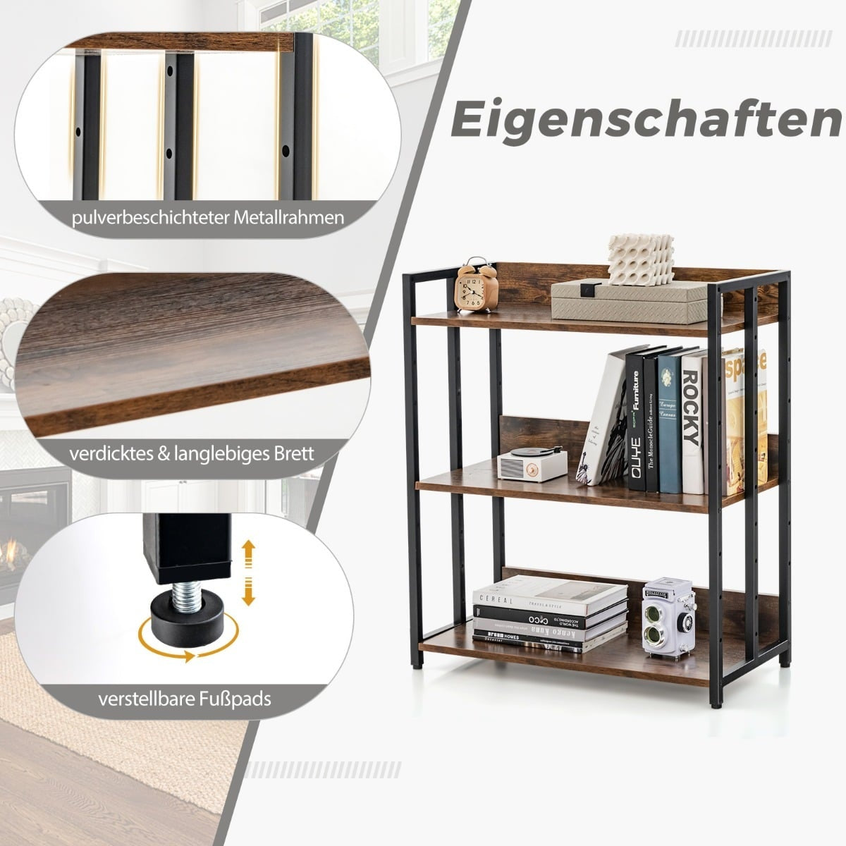 3-Tier Bookshelf, Adjustable Shelves, Metal Frame