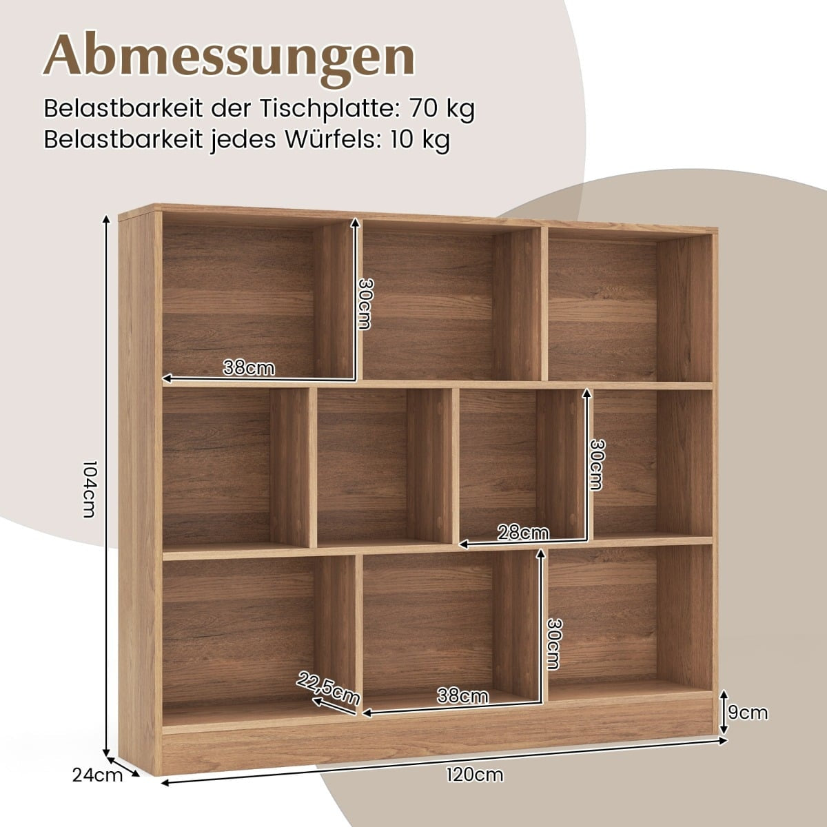 3-Tier Bookshelf with 10 Open Compartments, Wood, 120x24x104 cm