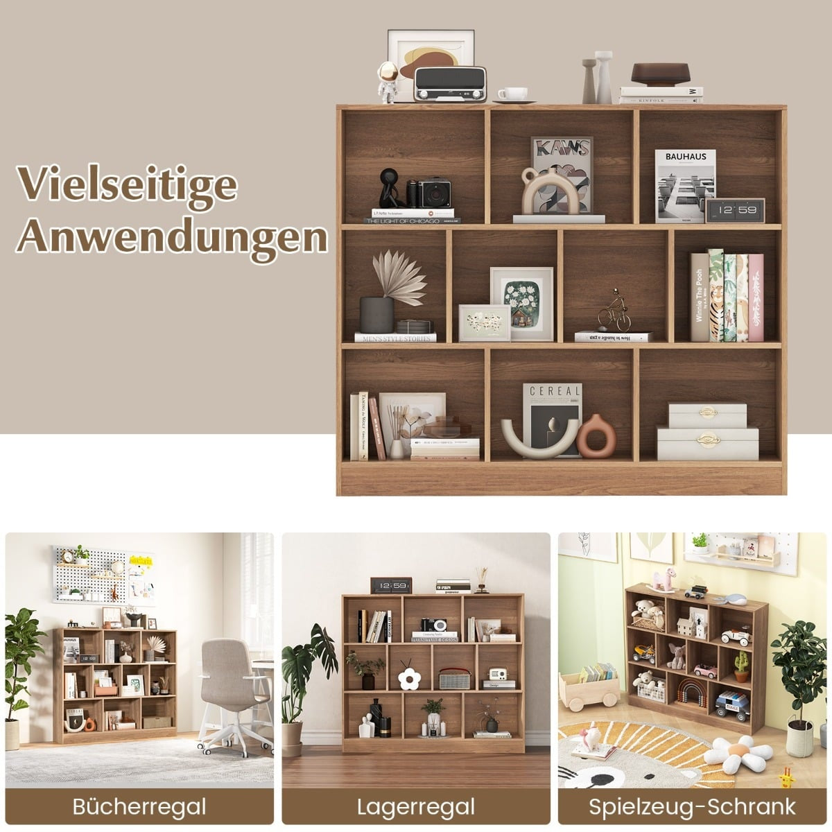 3-Tier Bookshelf with 10 Open Compartments, Wood, 120x24x104 cm