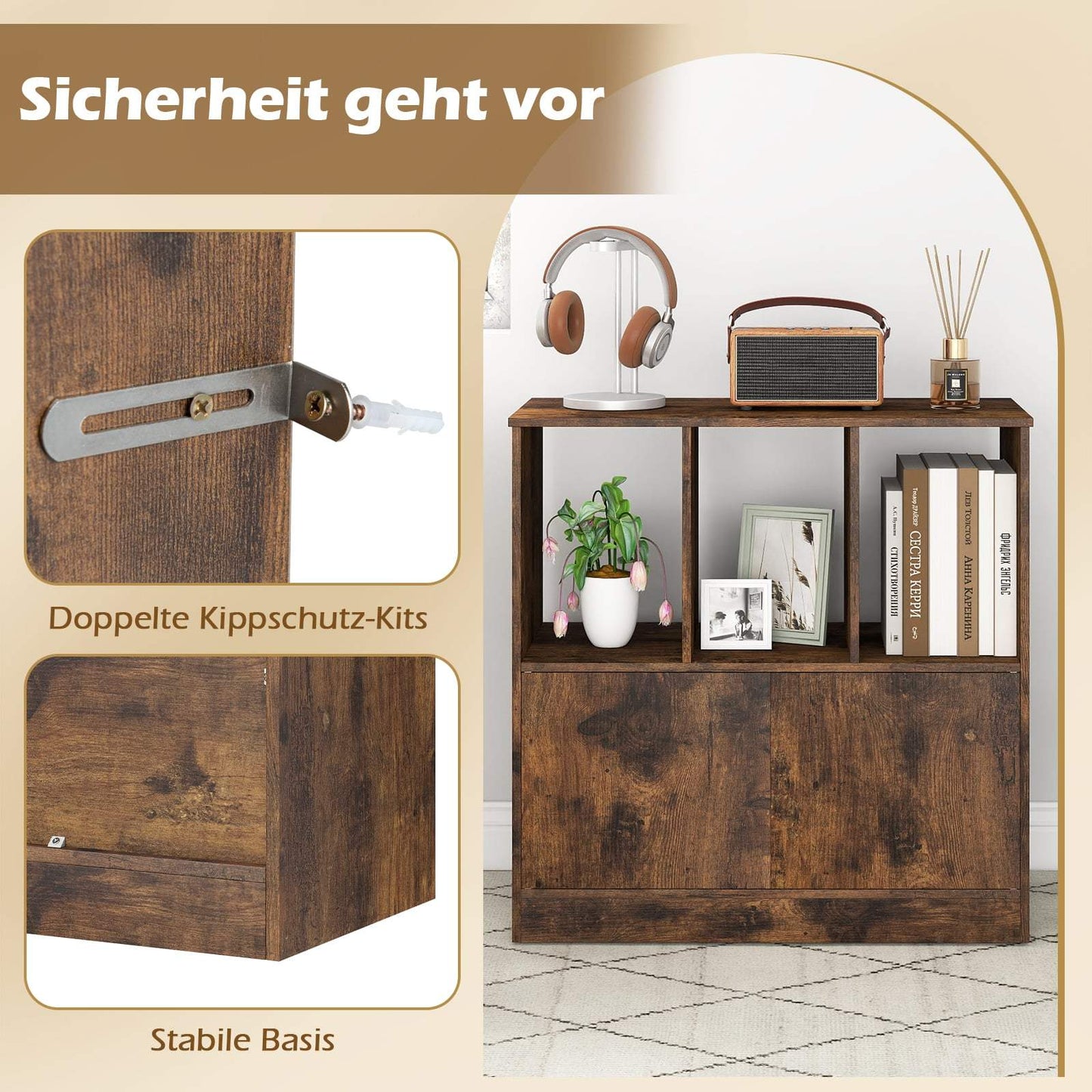 3-Tier Bookshelf with Doors, Open & Closed Storage, Brown