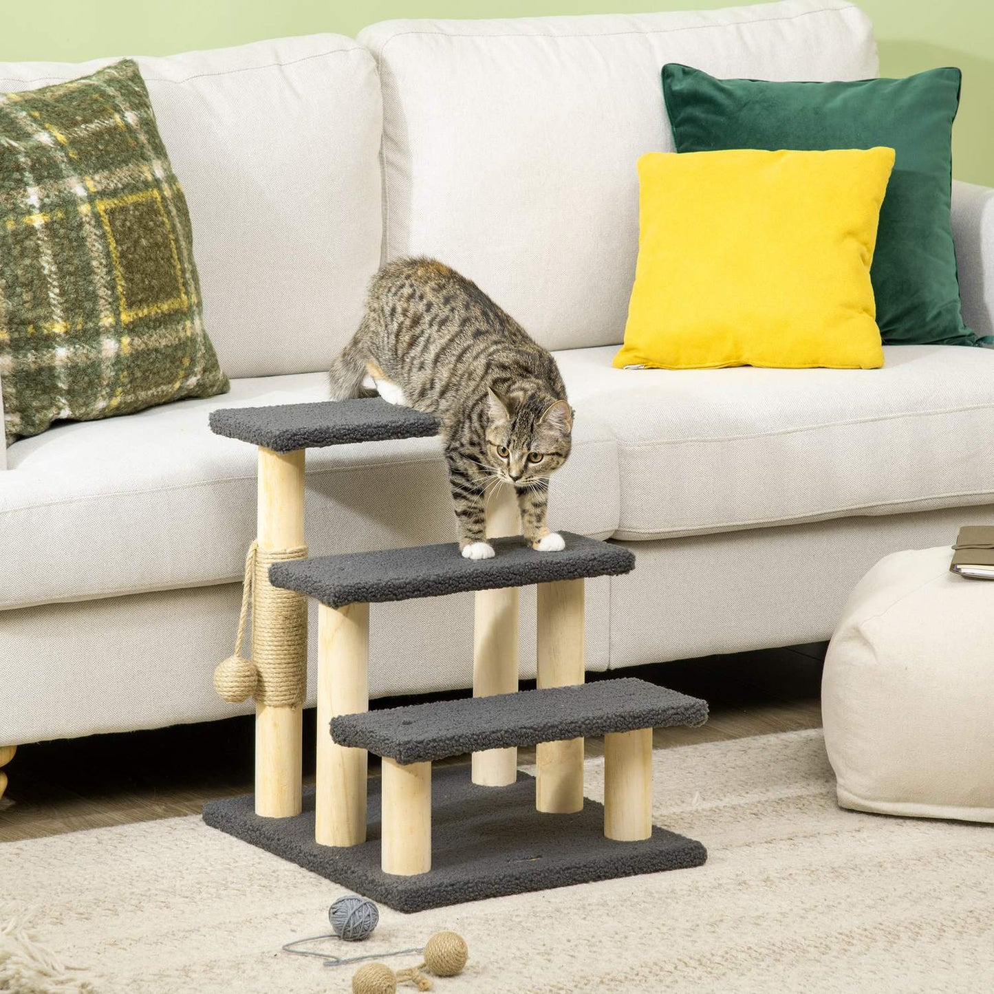 Cat Scratching Post with Sisal & Play Ball - Grey/Natural