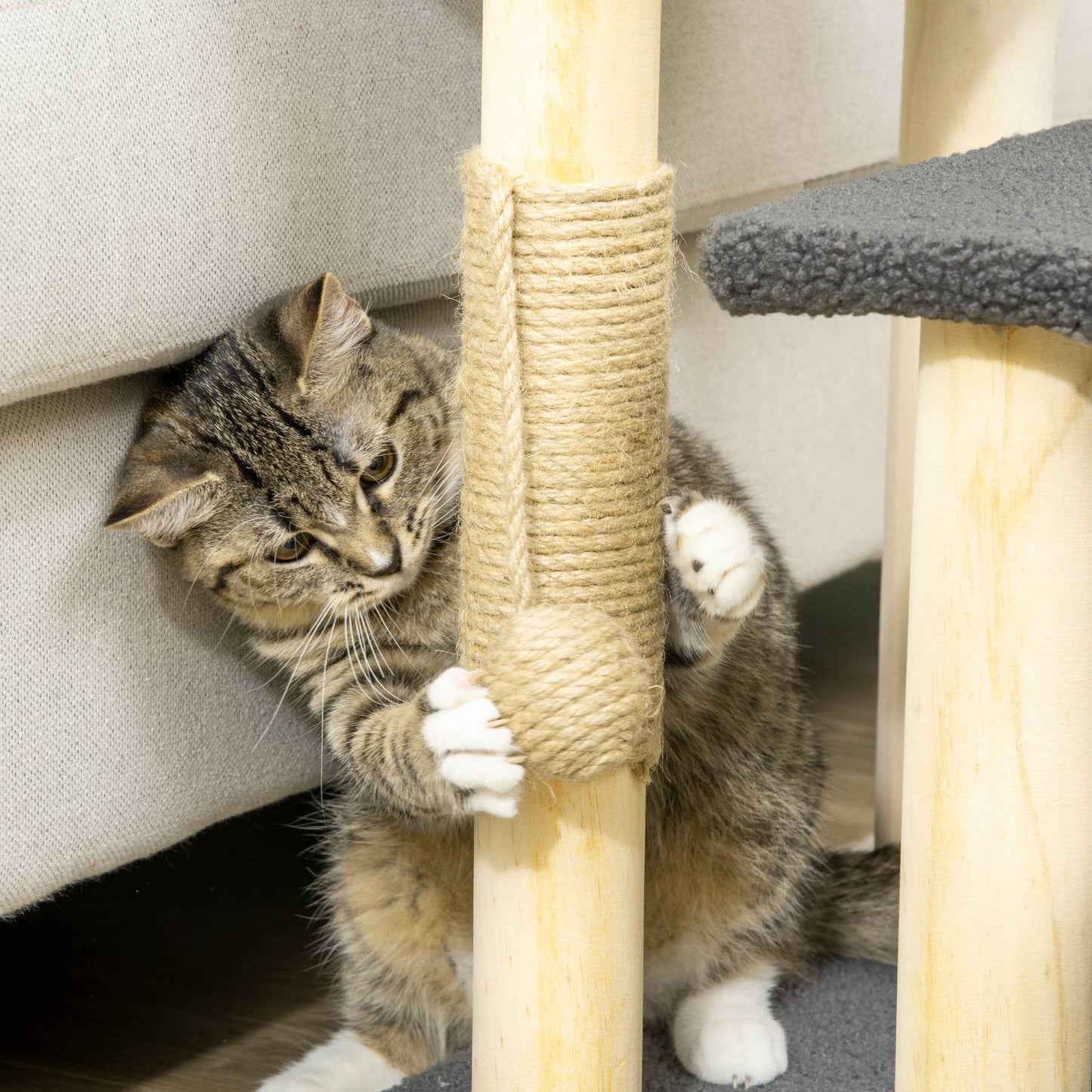 Cat Scratching Post with Sisal & Play Ball - Grey/Natural