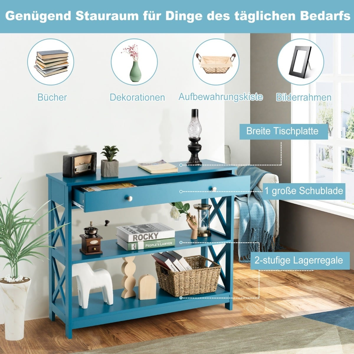 3-Tier Console Table with Drawer & Shelves, Blue