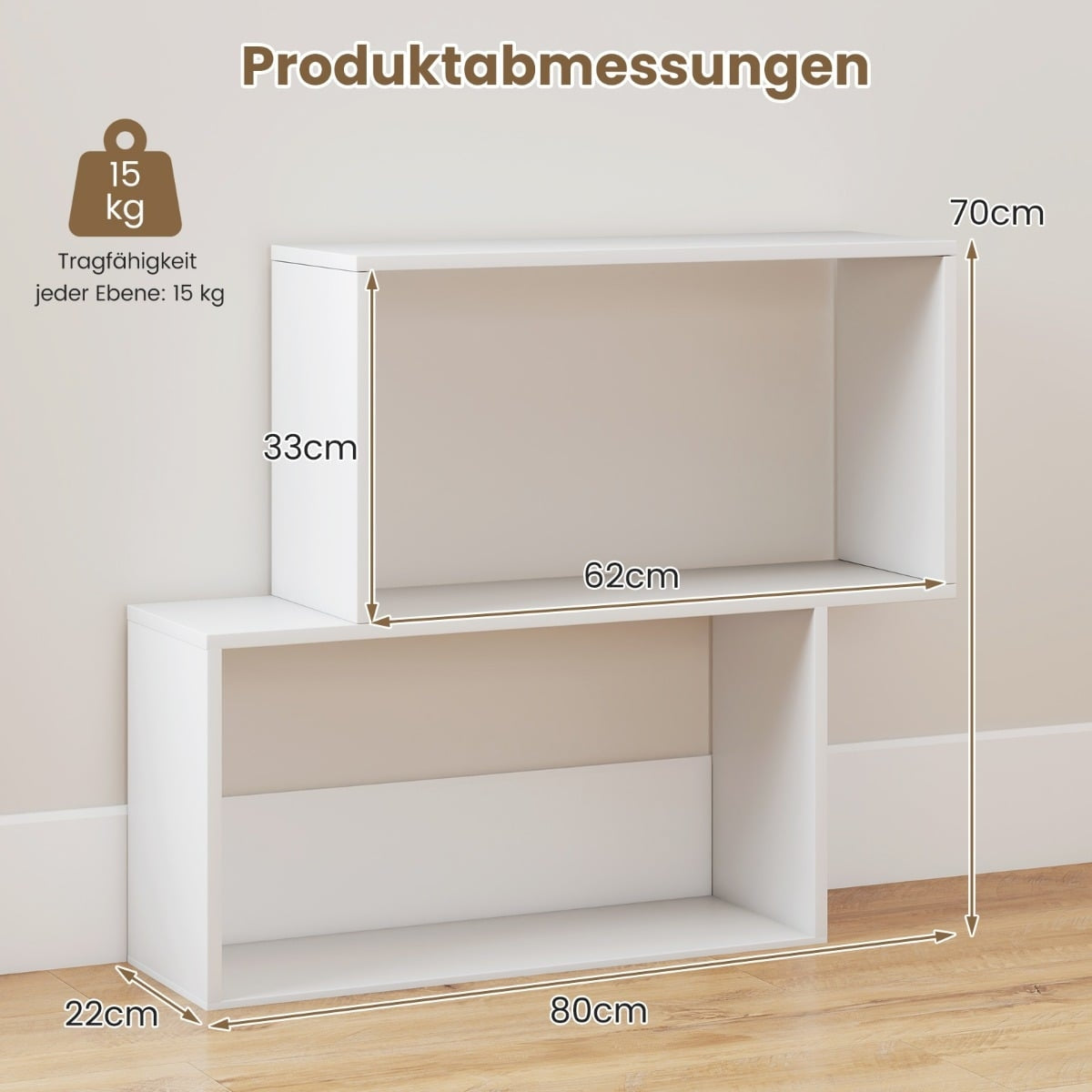 3-Tier Geometric Bookshelf, White Wood, 2 Cube Shelves
