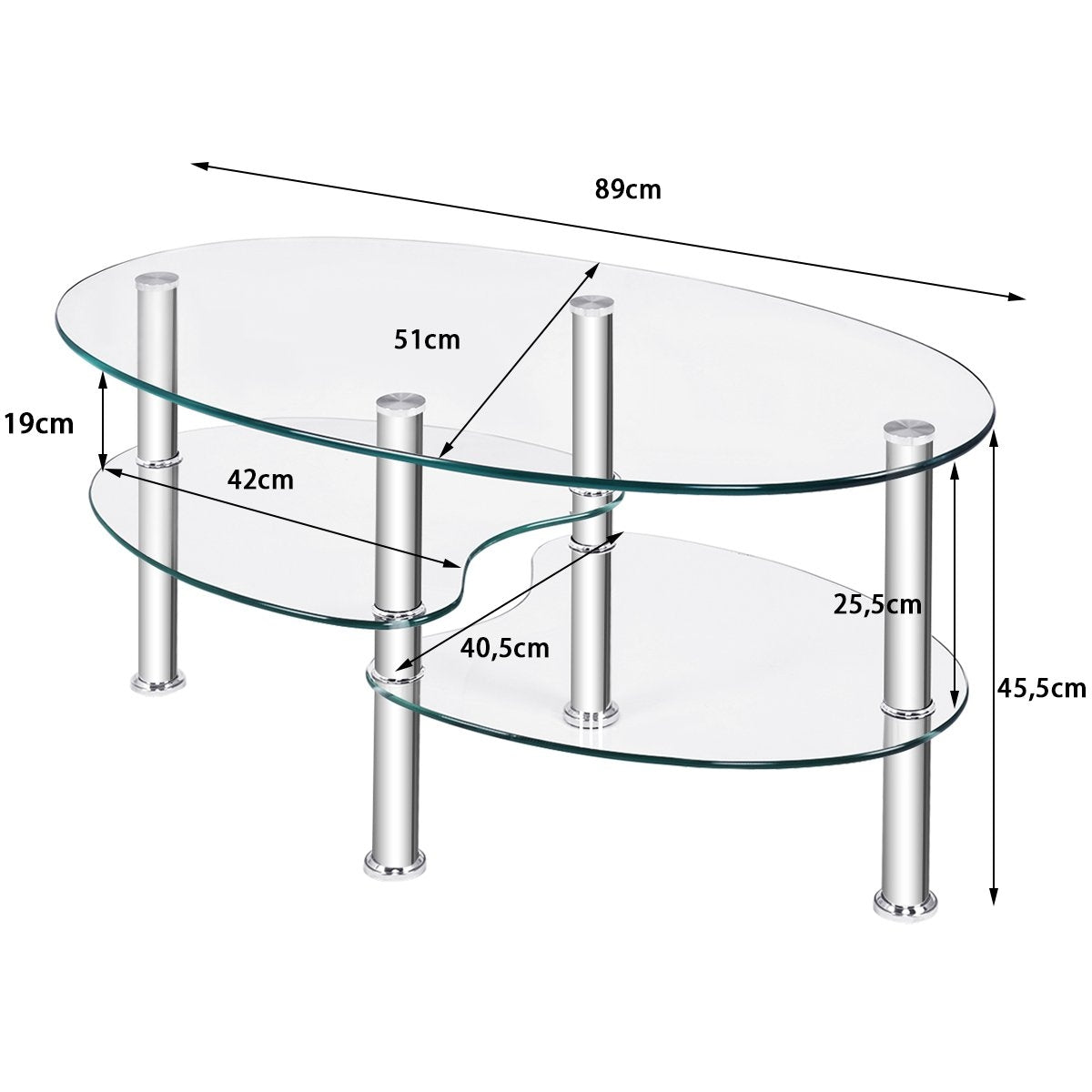 3 Tier Glass Table with Modern Oval Design Three Tier Transparent Shelf