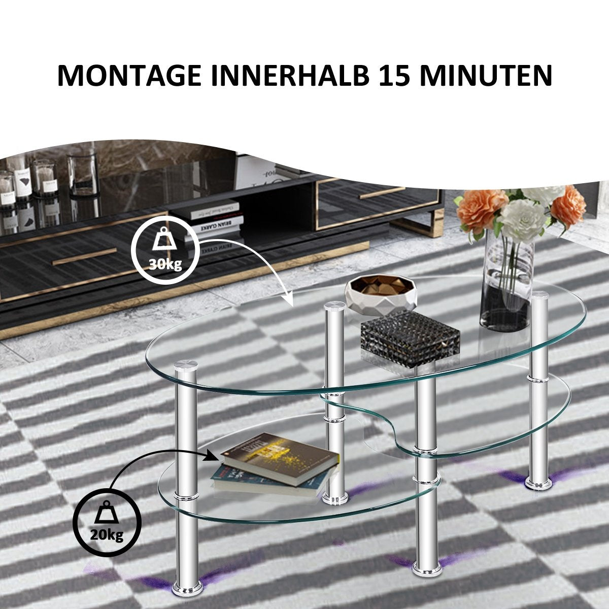 3 Tier Glass Table with Modern Oval Design Three Tier Transparent Shelf