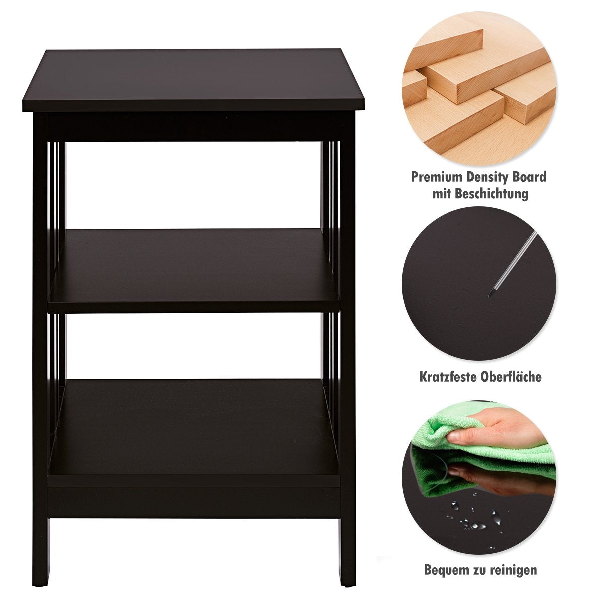 3 Tier II Shaped Bedside Table Side Table with Shelf & Storage Space 40 x 40 x 61 cm Coffee