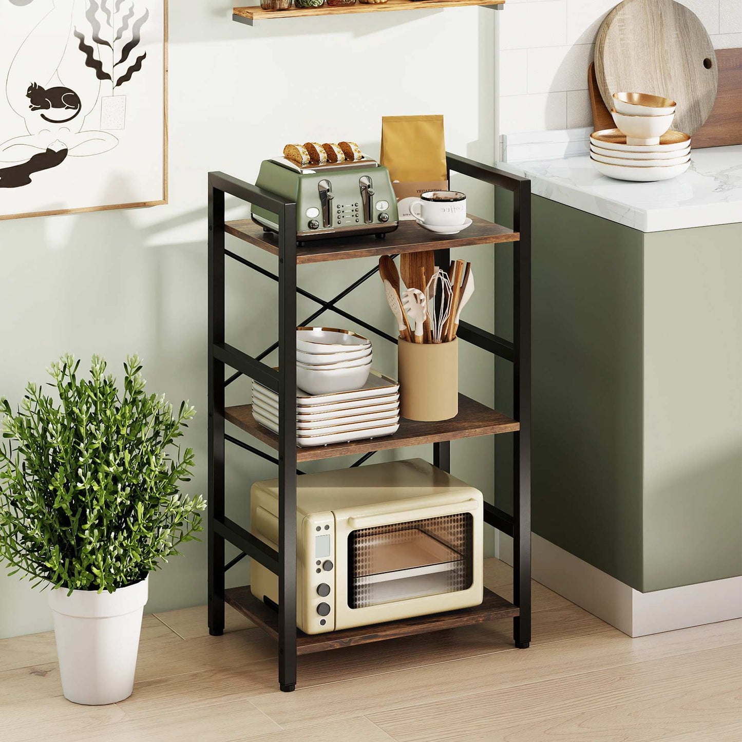 3-Tier Industrial Shelf with Metal Frame, Rustic Brown
