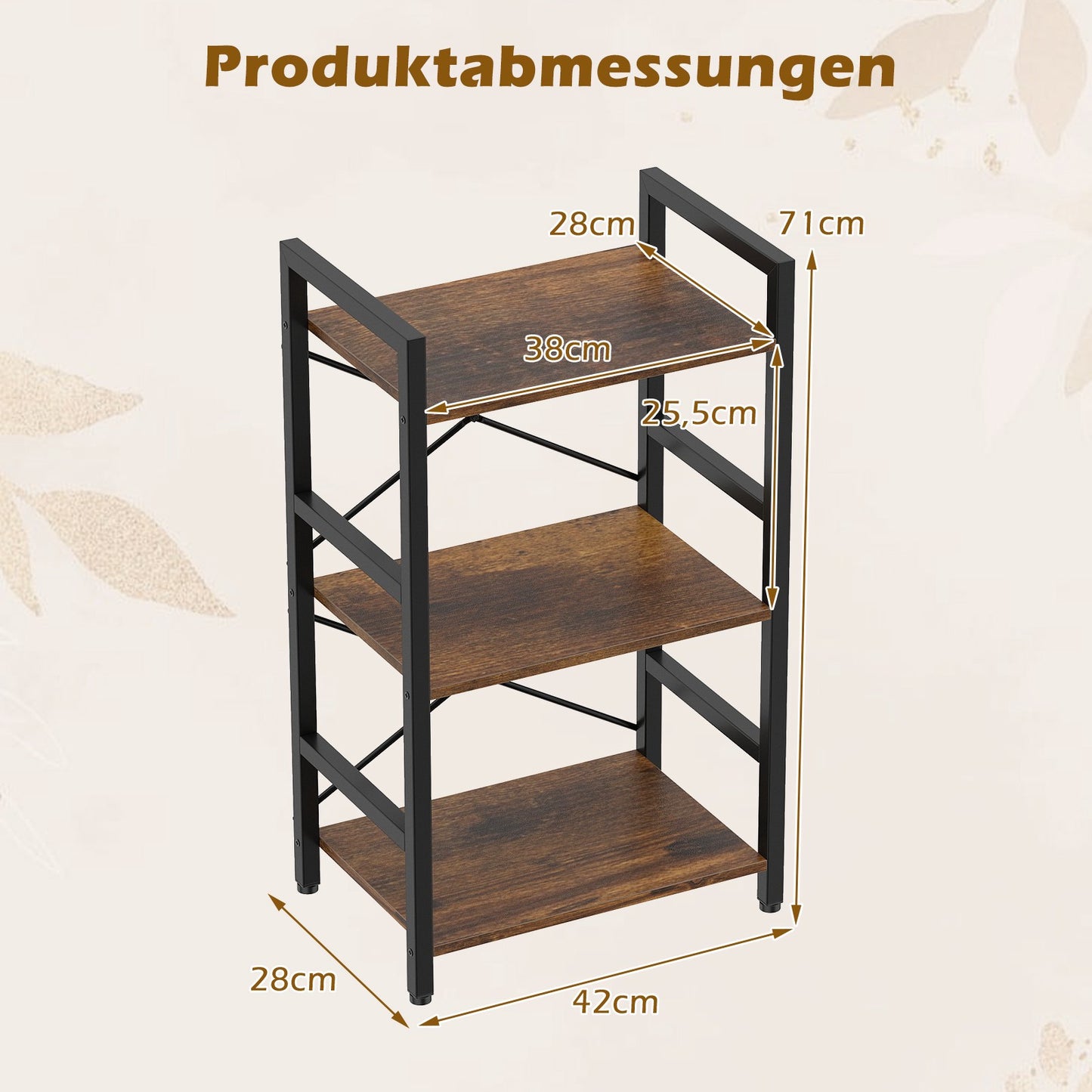3-Tier Industrial Shelf with Metal Frame, Rustic Brown