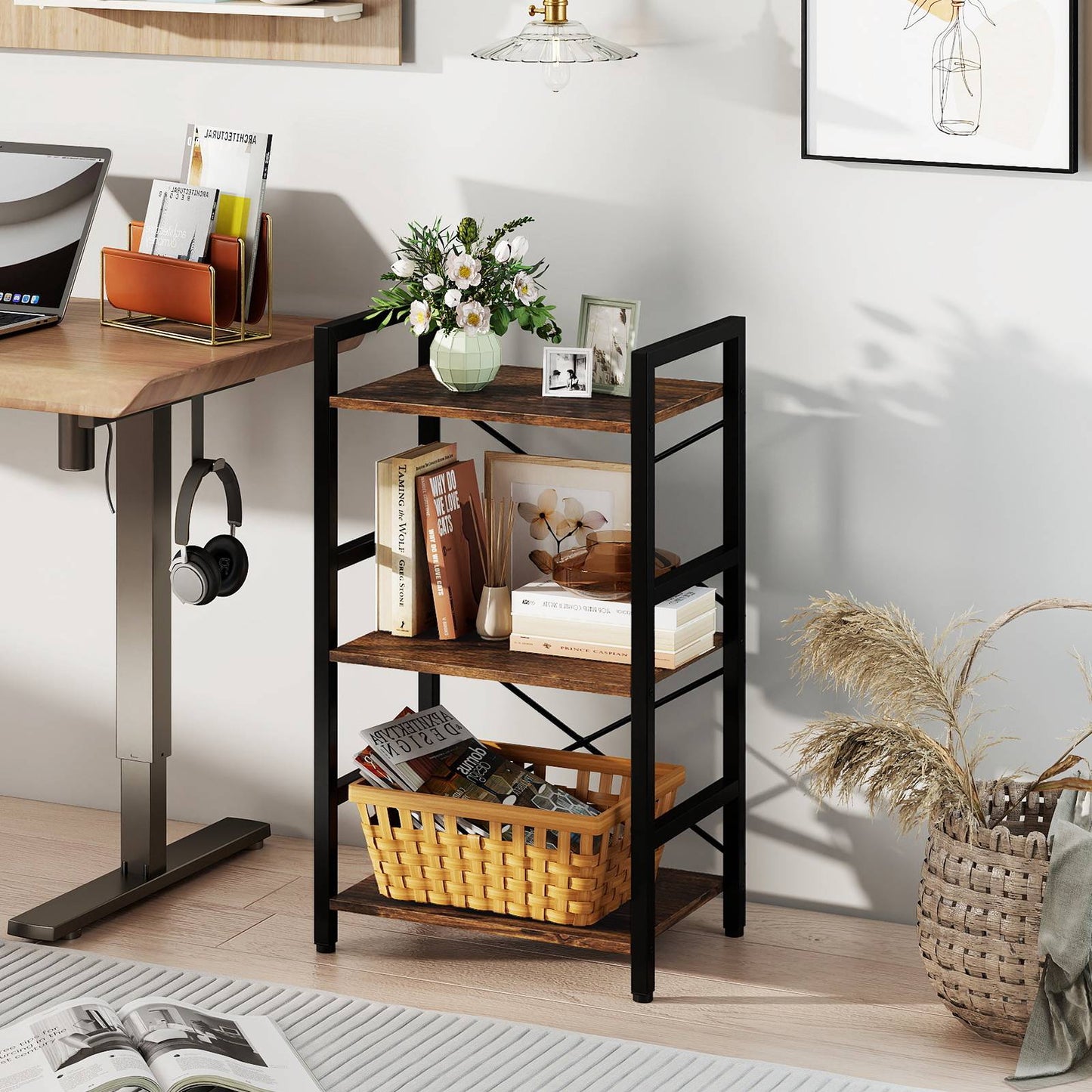 3-Tier Industrial Shelf with Metal Frame, Rustic Brown