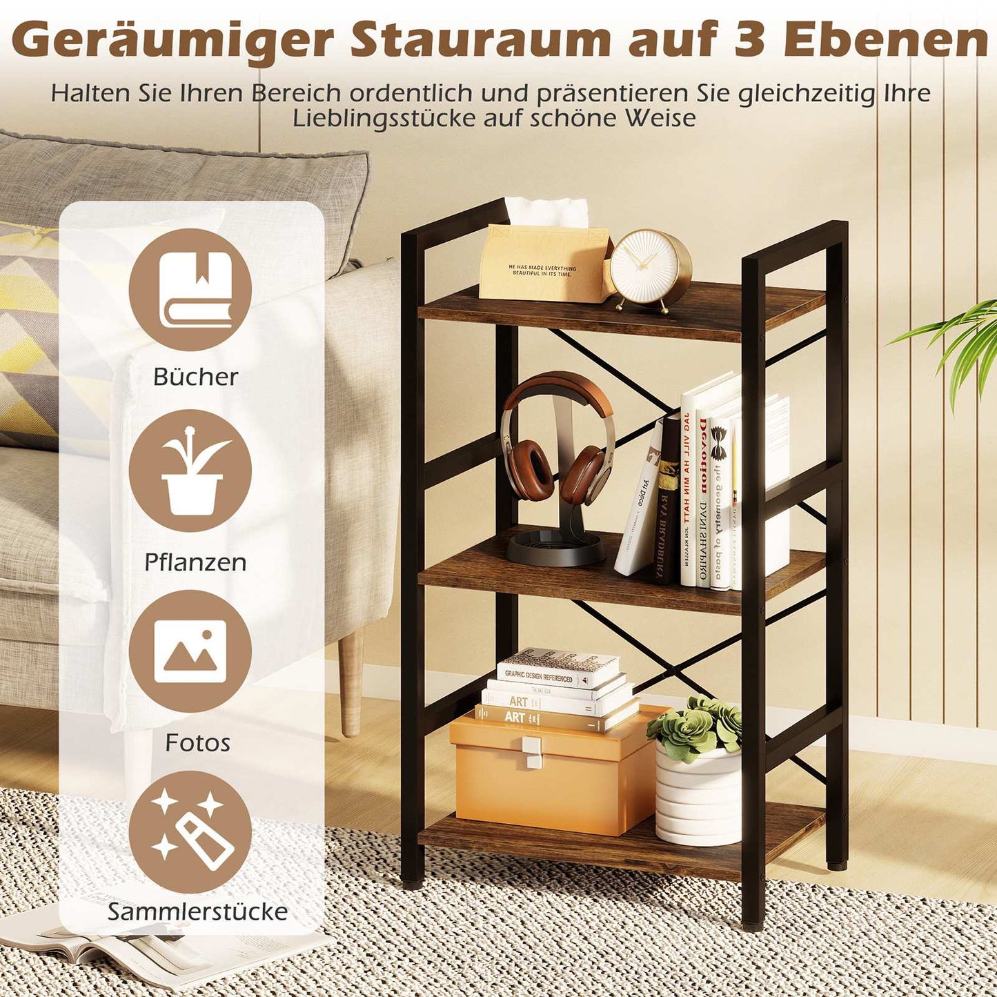 3-Tier Industrial Shelf with Metal Frame, Rustic Brown