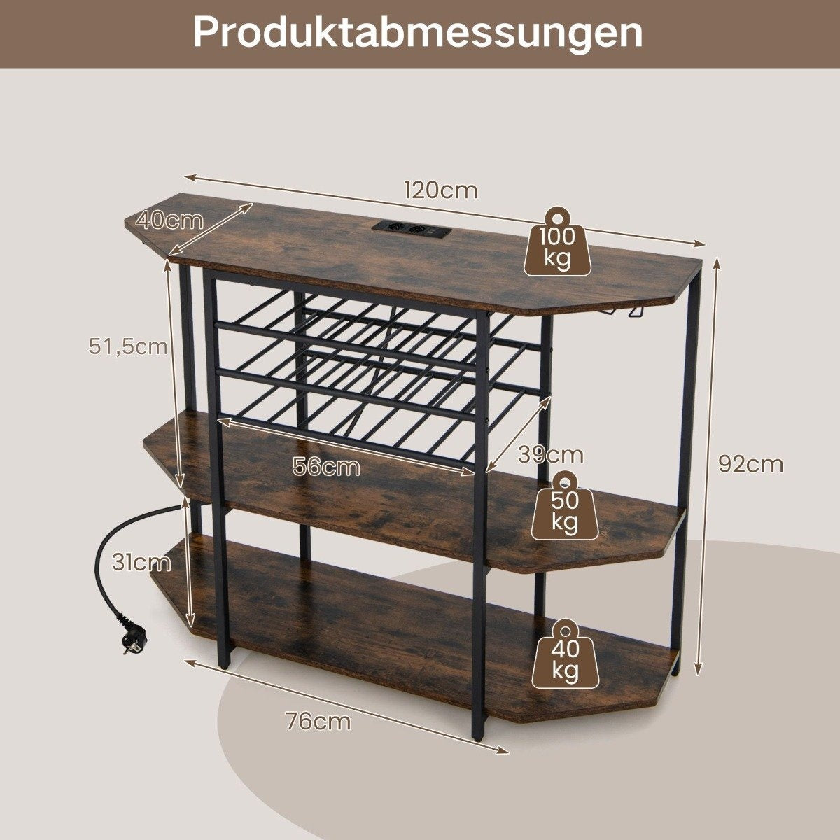 3 Tier Industrial Wine Rack with Sockets & Bottle Rack & Glass Holders Wine Bar Cabinet Brown