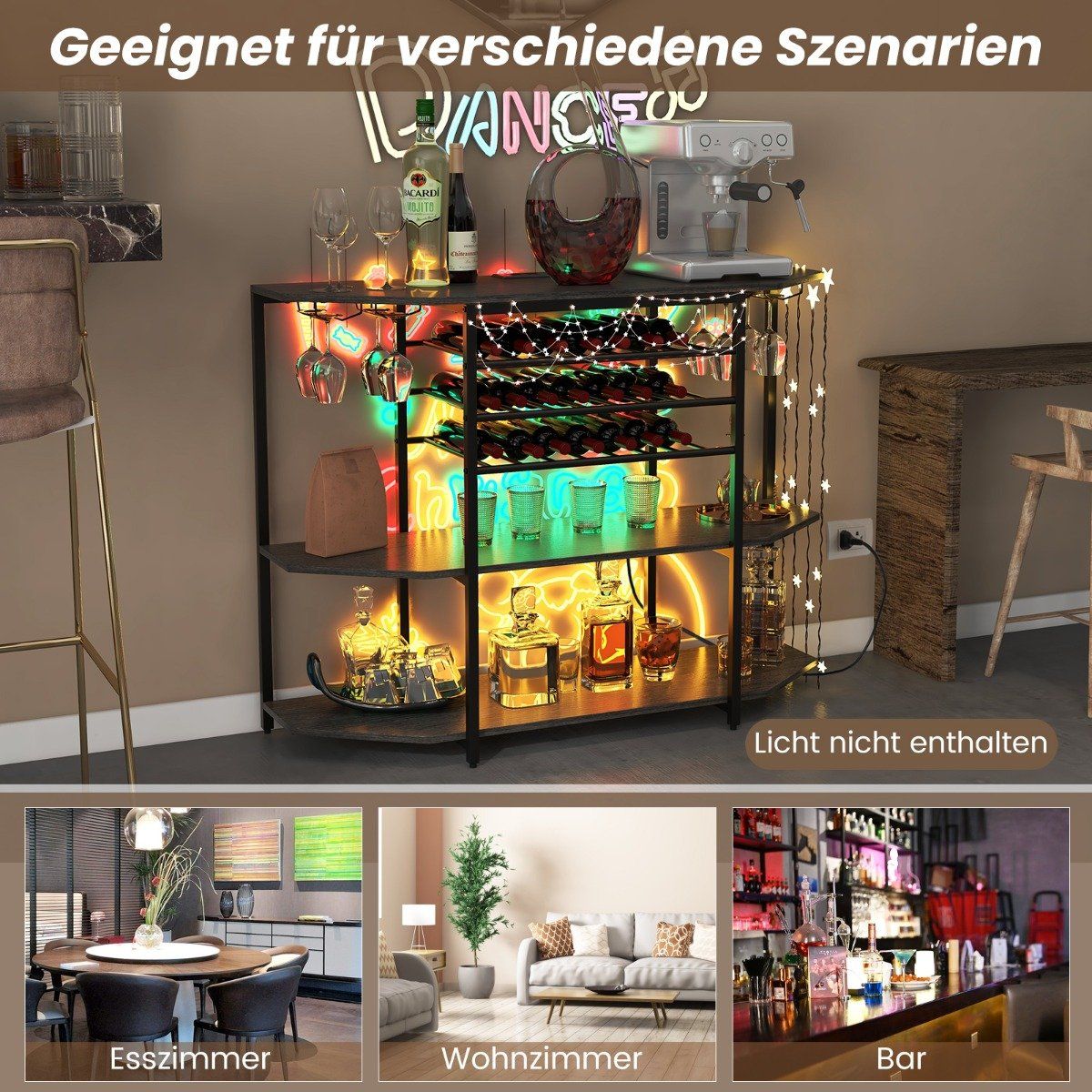 3 Tier Industrial Wine Rack with Sockets & Bottle Rack & Glass Holders Wine Bar Cabinet Gray