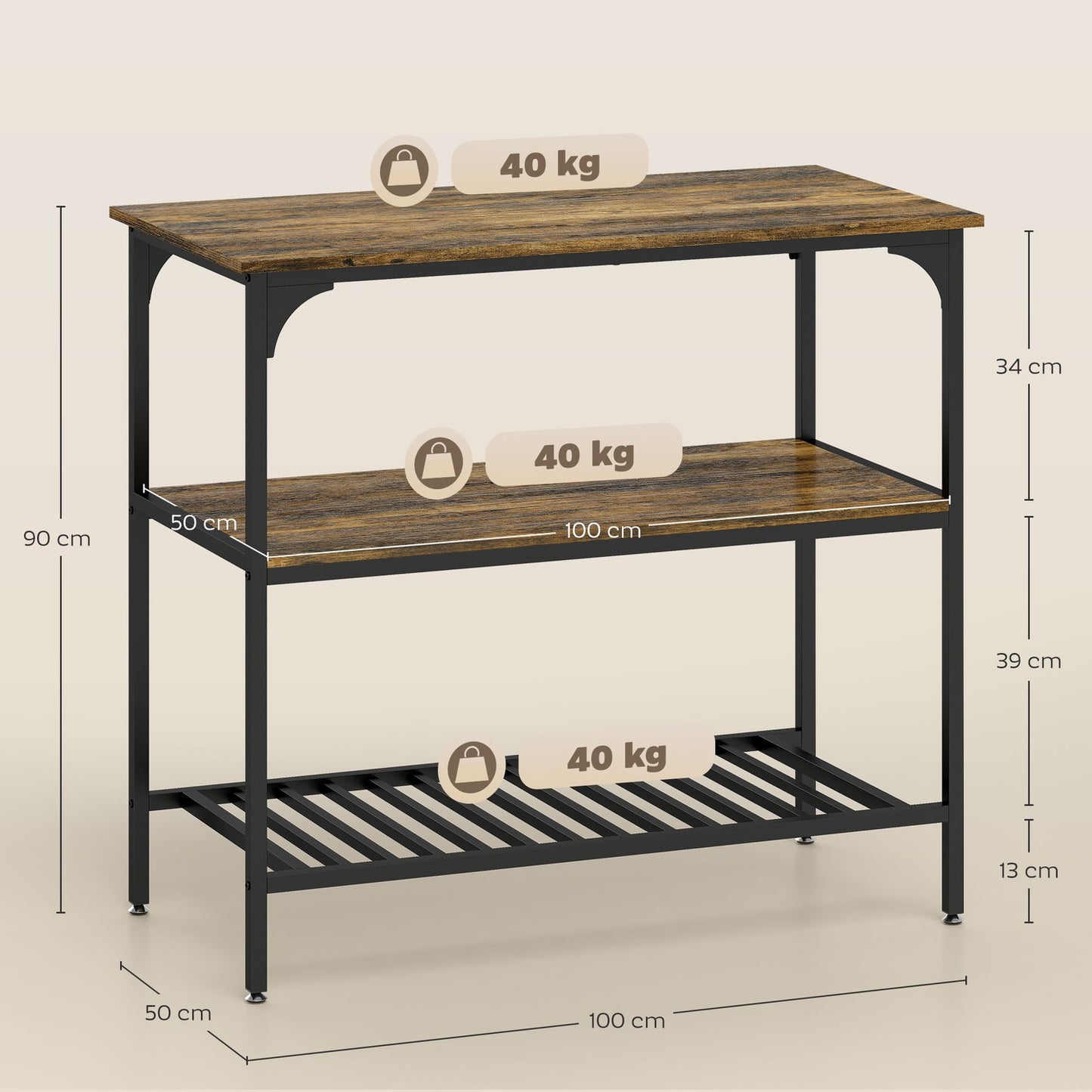3-Tier Kitchen Shelf, Steel Frame, Rustic Brown/Black