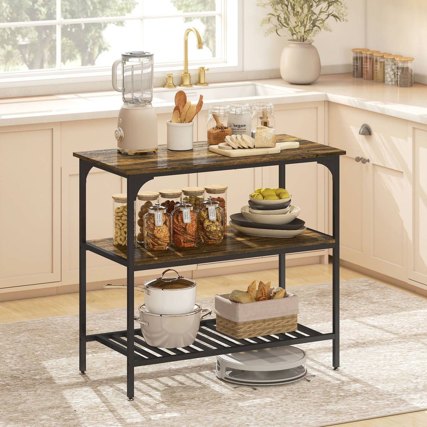 3-Tier Kitchen Shelf, Steel Frame, Rustic Brown/Black