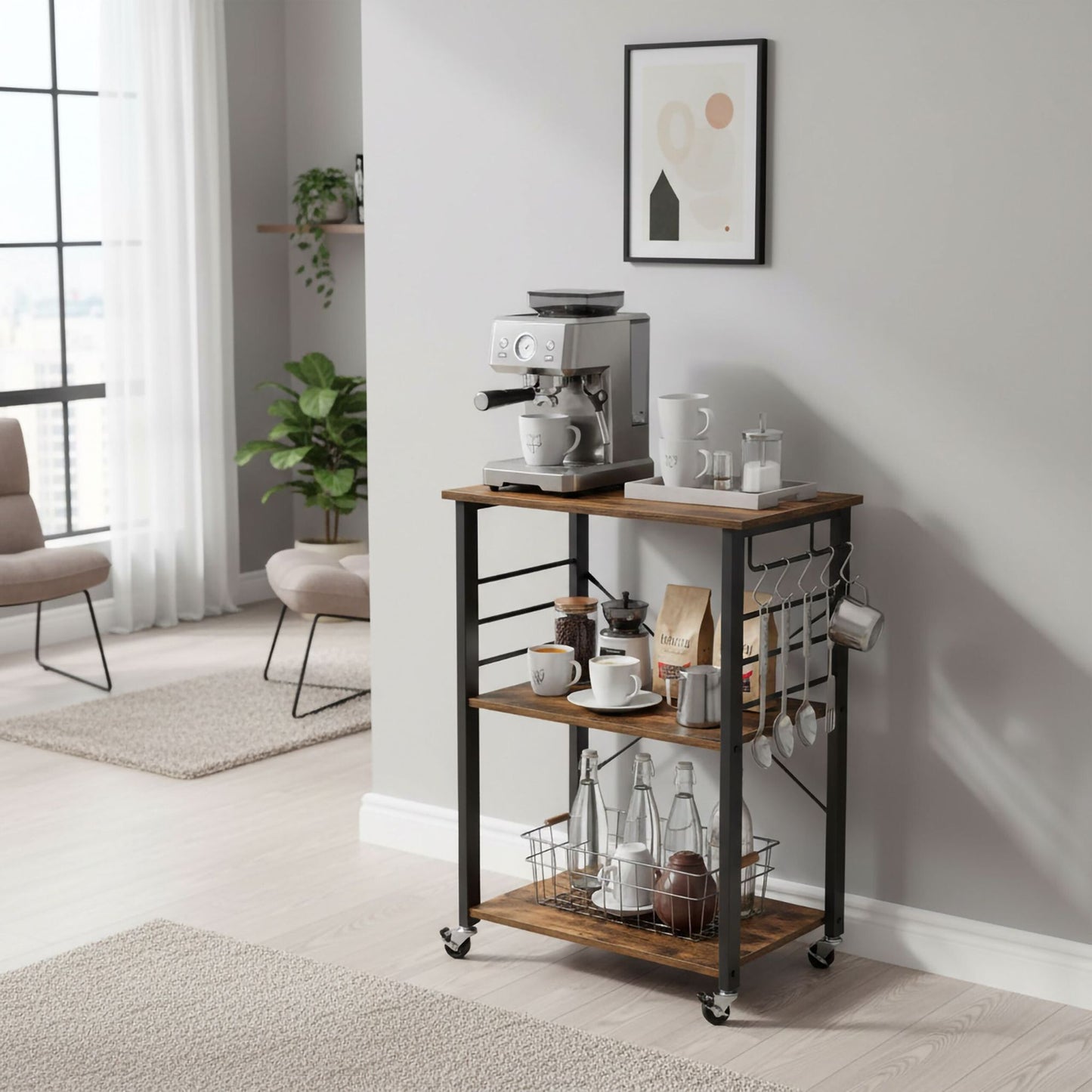3-Tier Kitchen Trolley with Hooks and Wheels