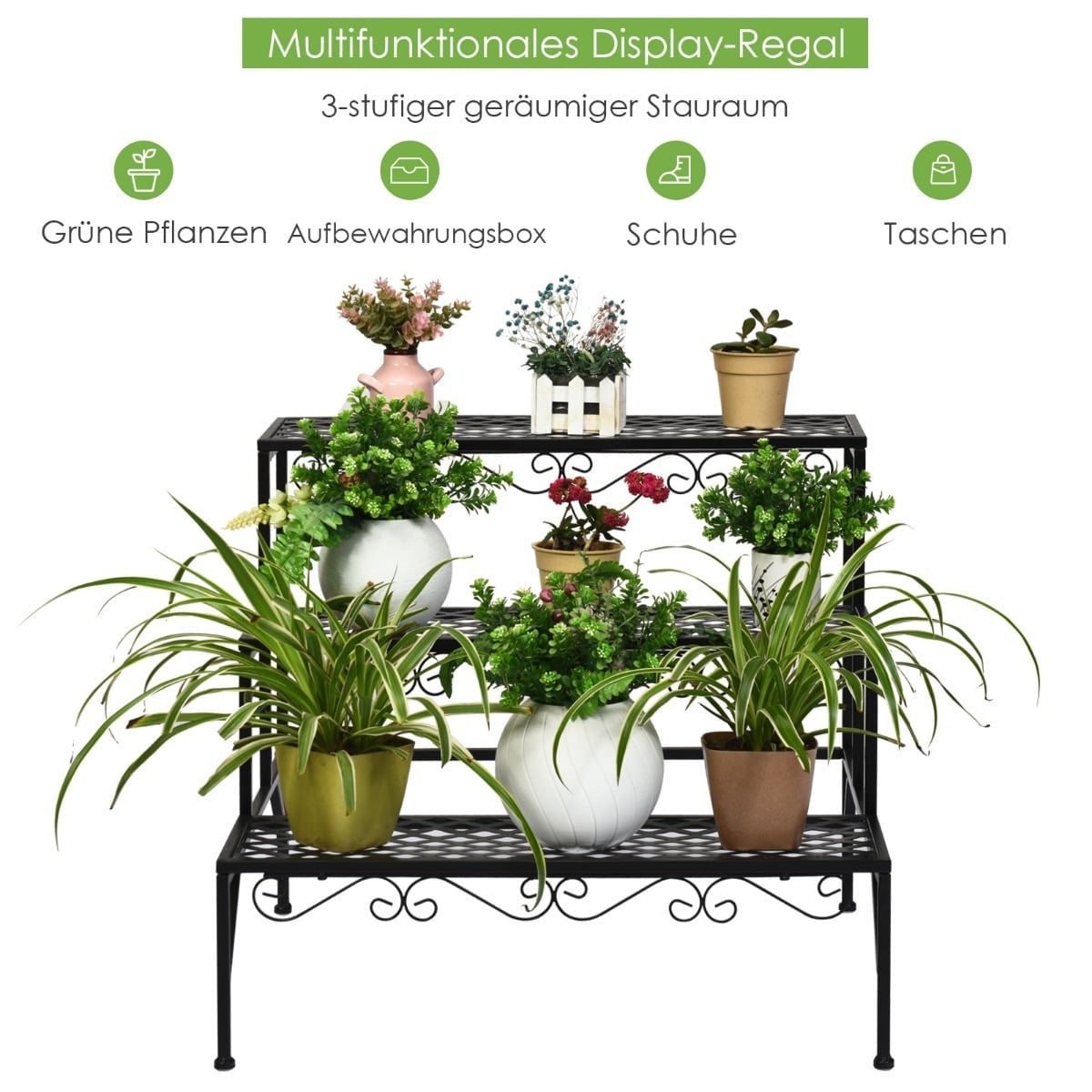 3-Tier Metal Plant Stand, Black, 70x60x60 cm