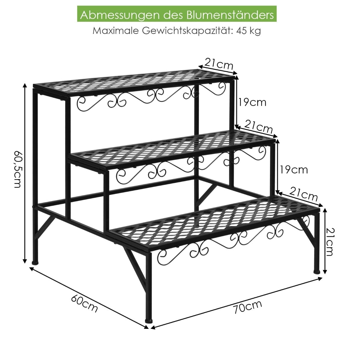 3-Tier Metal Plant Stand, Black, 70x60x60 cm