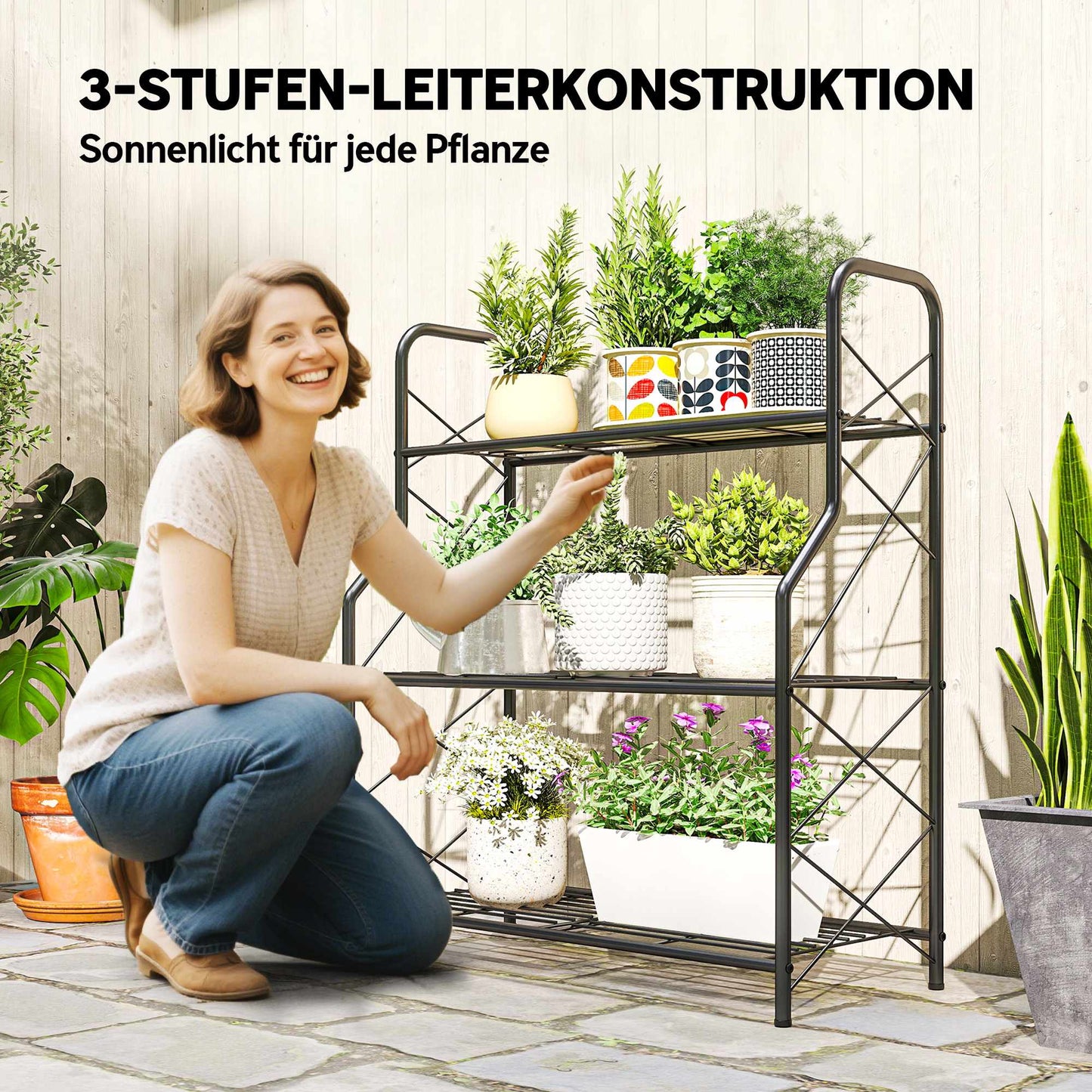 3-Tier Metal Plant Stand with Handles, 78 cm, Black