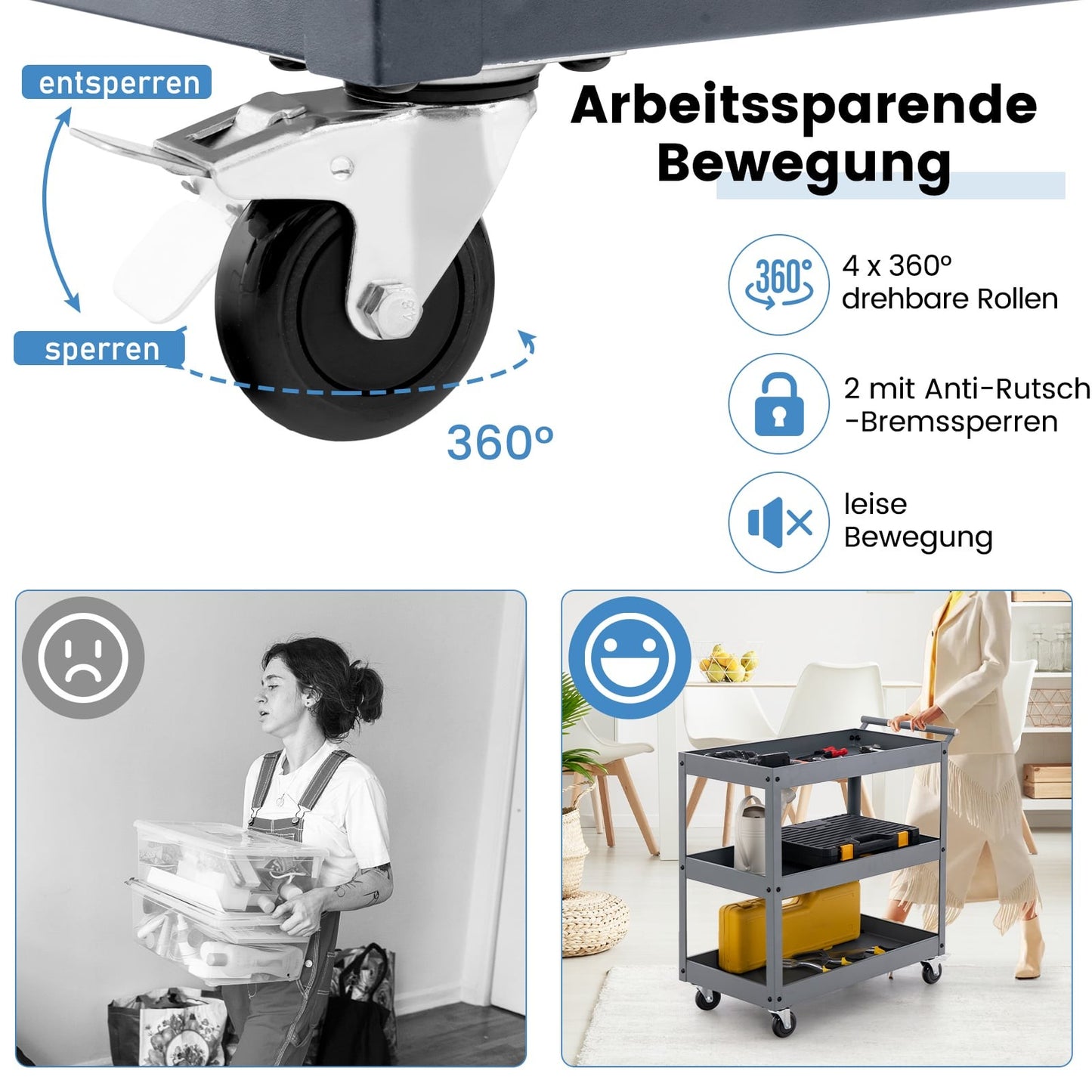 3-Tier Metal Rolling Cart with Ergonomic Handle, Gray
