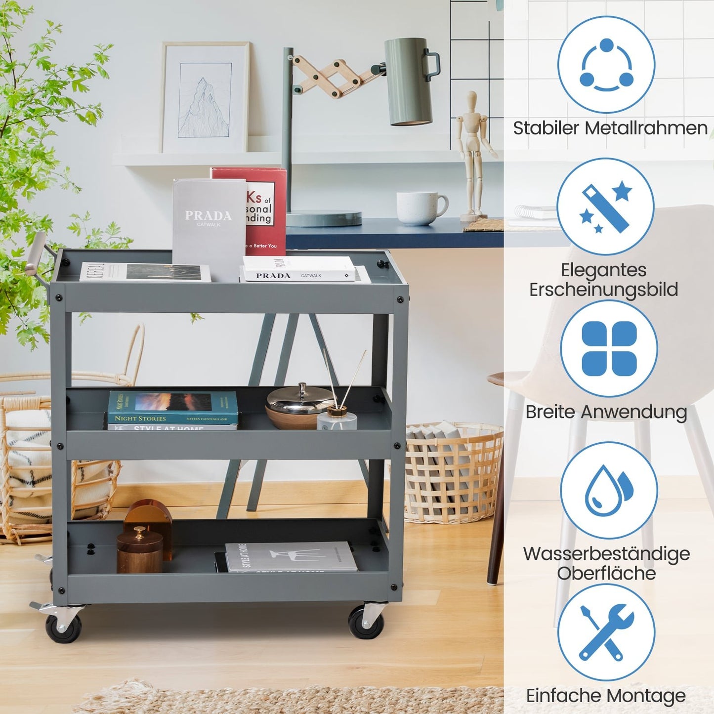 3-Tier Metal Rolling Cart with Ergonomic Handle, Gray