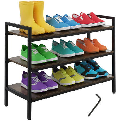 3-Tier Metal Shoe Rack with Wooden Shelves, 79cm