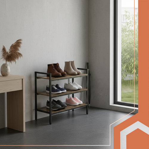 3-Tier Metal Shoe Rack with Wooden Shelves, 79cm