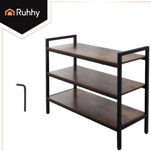 3-Tier Metal Shoe Rack with Wooden Shelves, 79cm