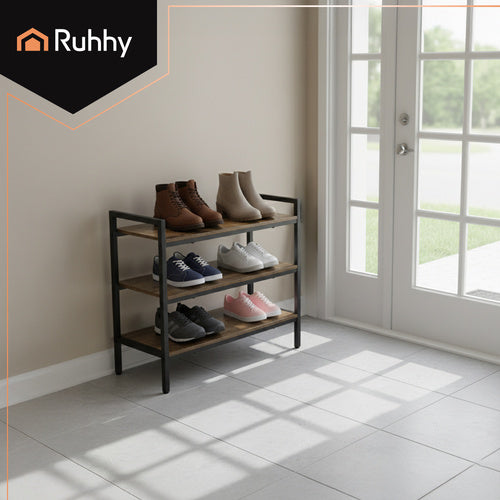 3-Tier Metal Shoe Rack with Wooden Shelves, 79cm