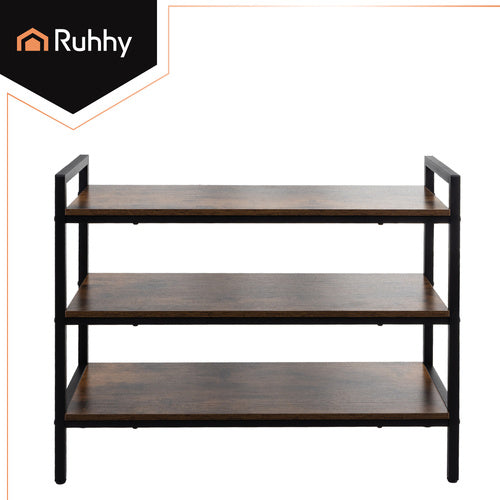 3-Tier Metal Shoe Rack with Wooden Shelves, 79cm