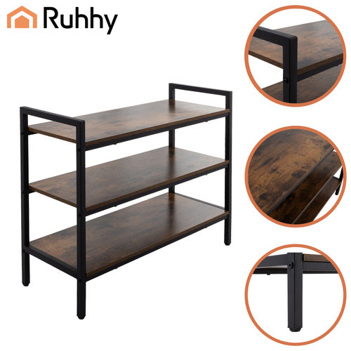 3-Tier Metal Shoe Rack with Wooden Shelves, 79cm