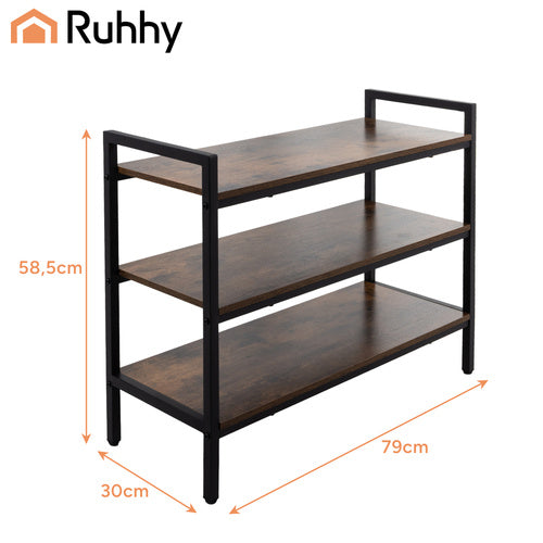3-Tier Metal Shoe Rack with Wooden Shelves, 79cm