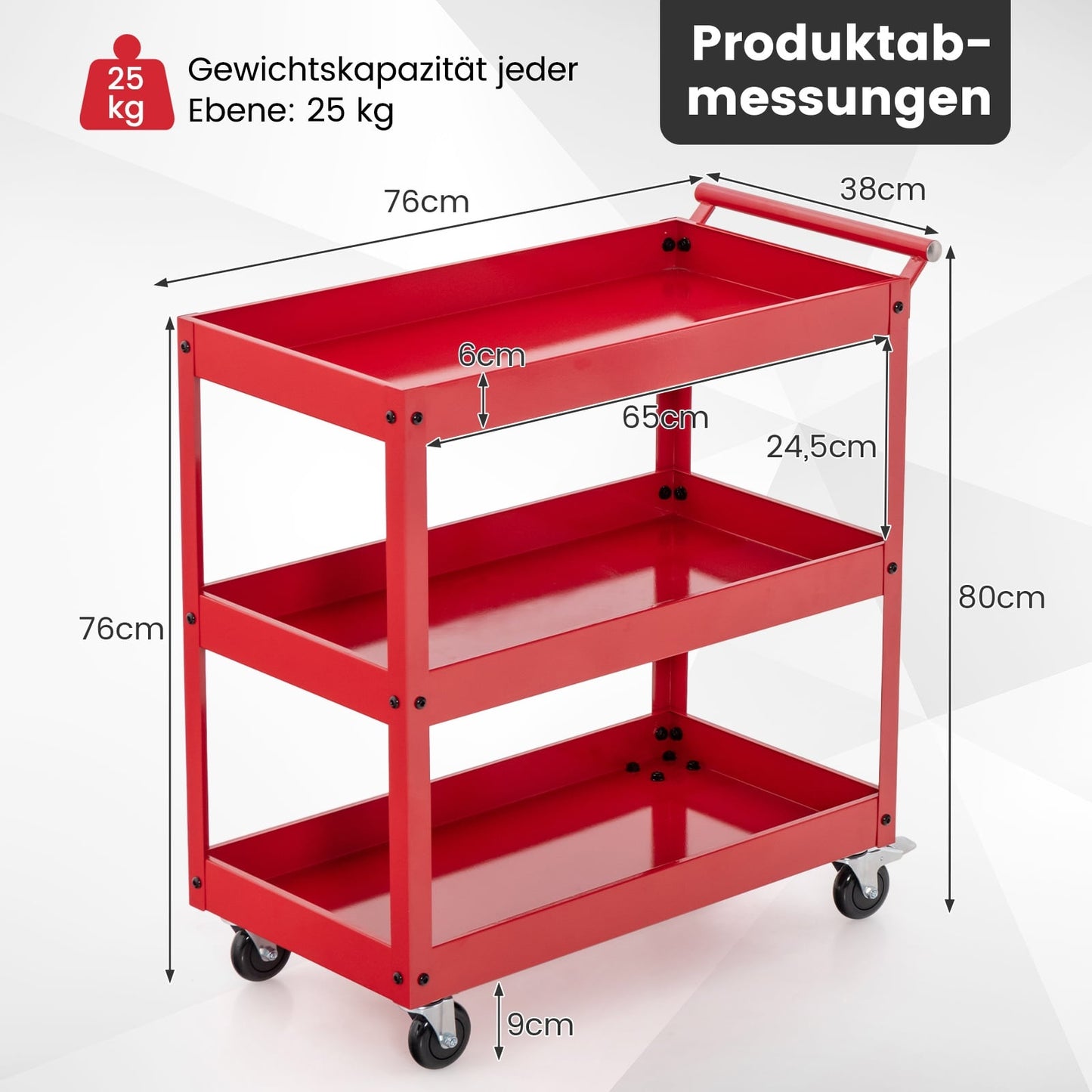 3-Tier Metal Utility Cart with Handle – Red