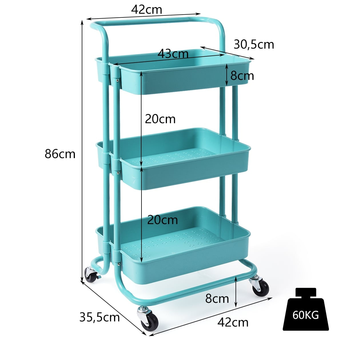 3-Tier Metal Utility Cart with Wheels, 60kg Capacity, Turquoise