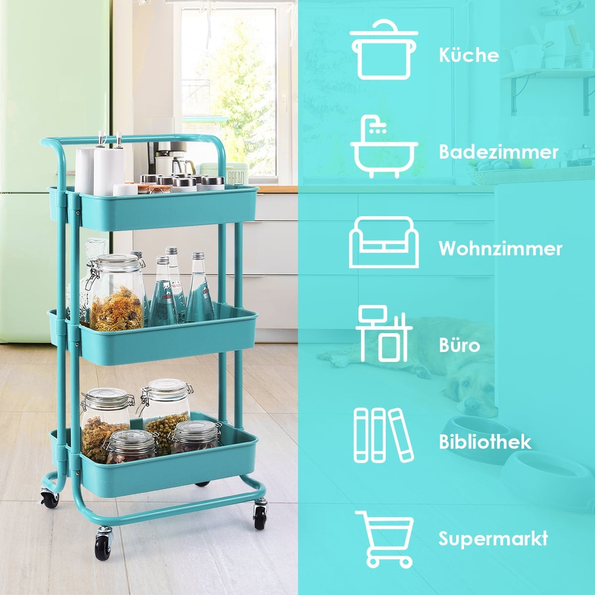 3-Tier Metal Utility Cart with Wheels, 60kg Capacity, Turquoise