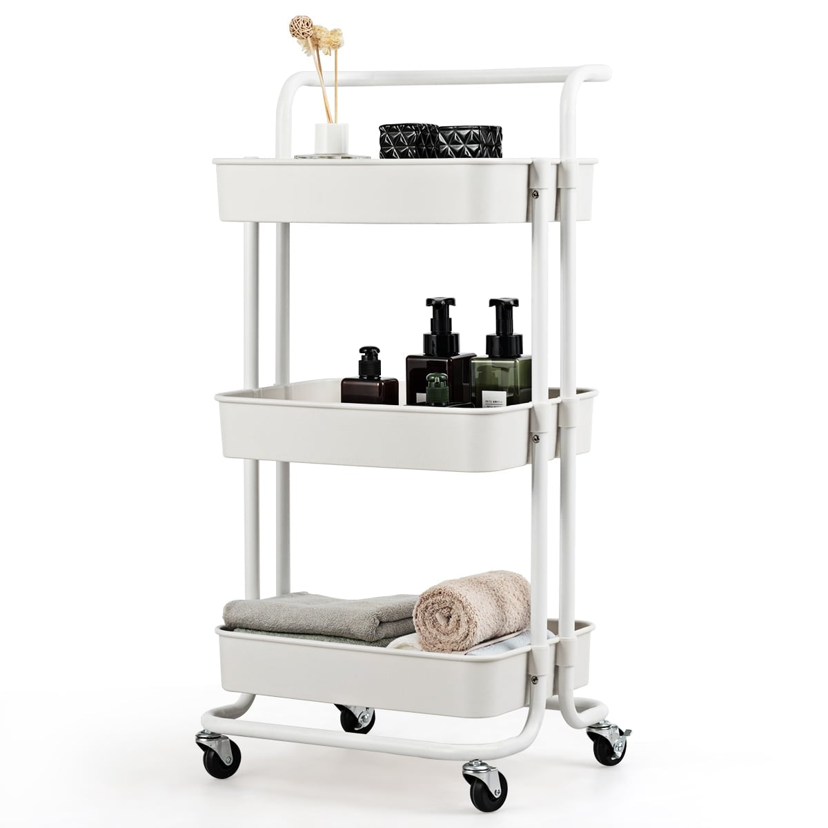 3-Tier Metal Utility Cart with Wheels, Black/White, 42x35x87 cm