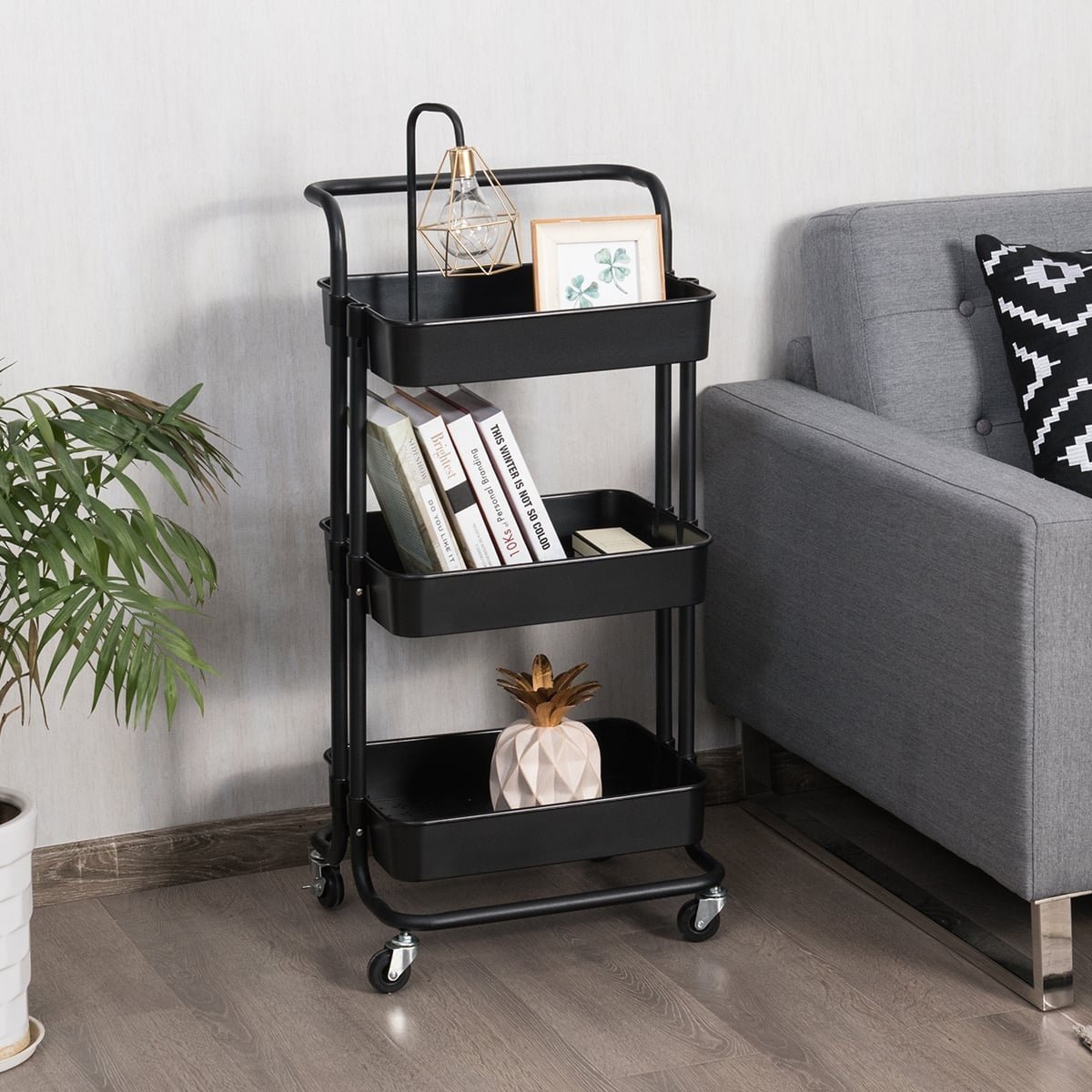 3-Tier Metal Utility Cart with Wheels, Black/White