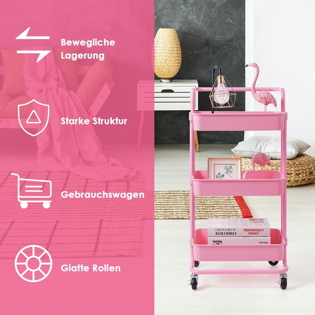 3-Tier Metal Utility Cart with Wheels, Pink, Easy Assembly