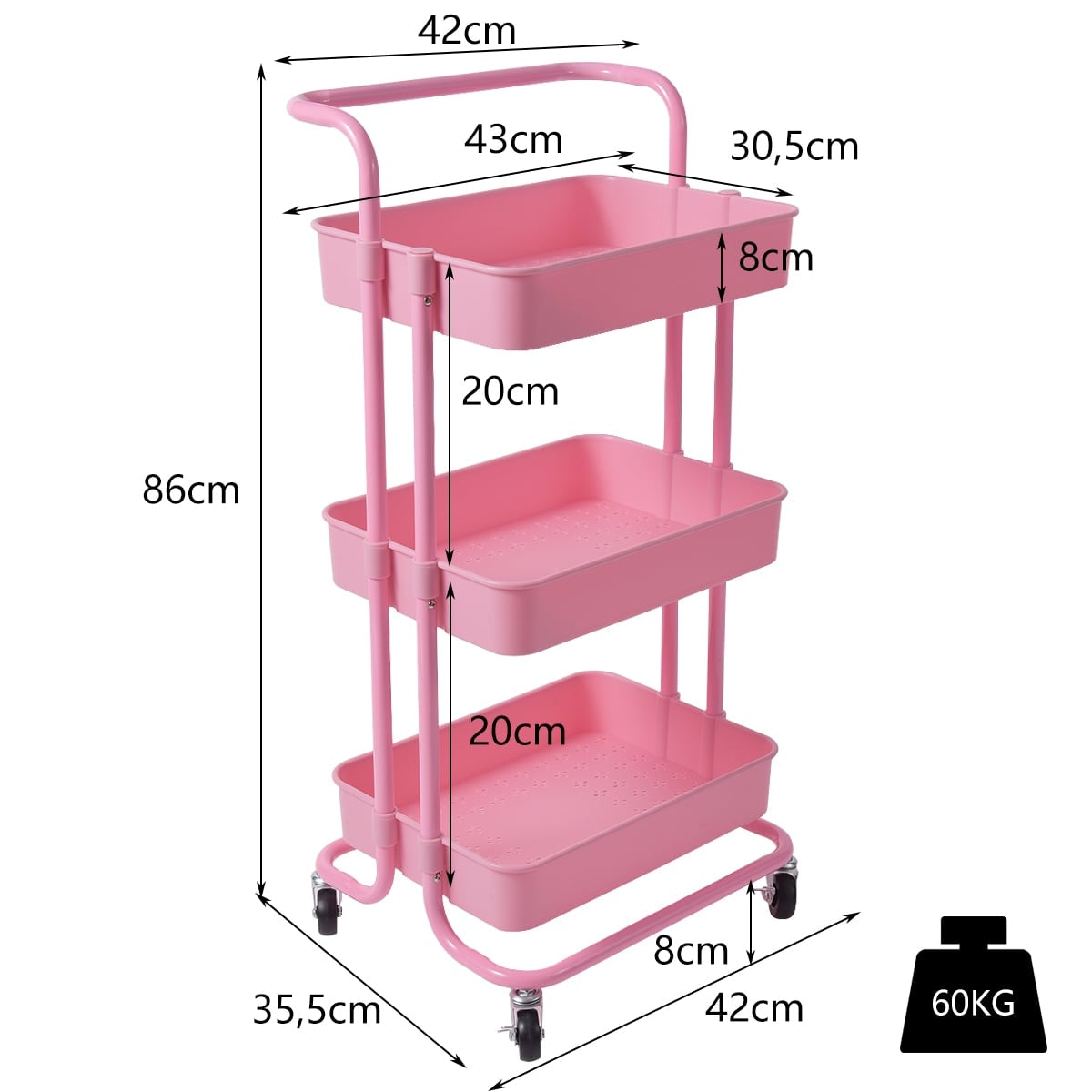 3-Tier Metal Utility Cart with Wheels, Pink, Easy Assembly