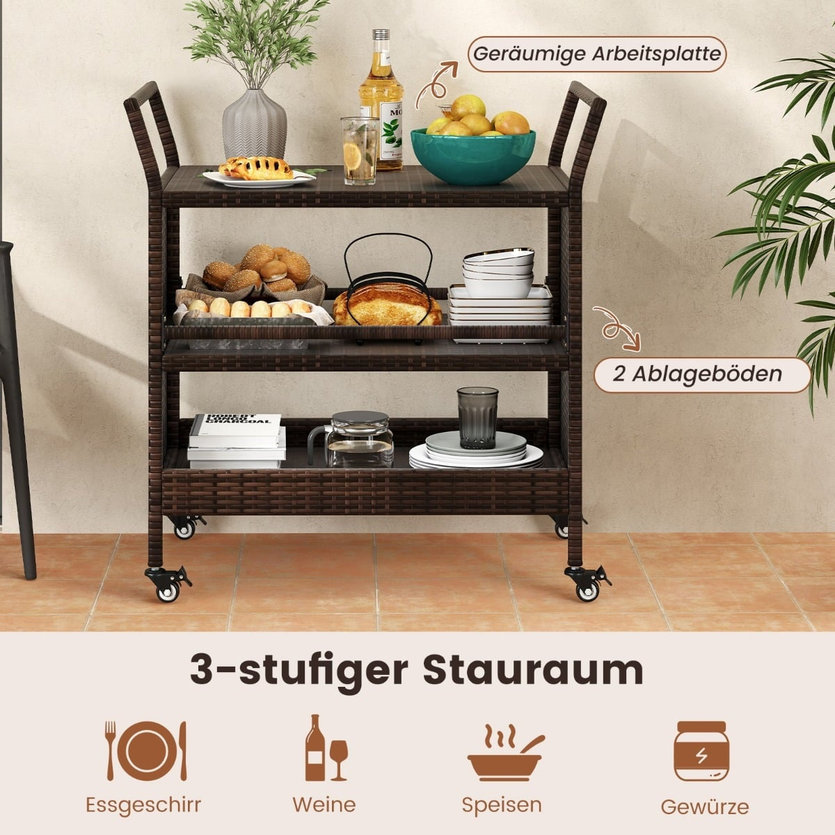 3-Tier Outdoor Bar Cart with Lockable Wheels & Handles