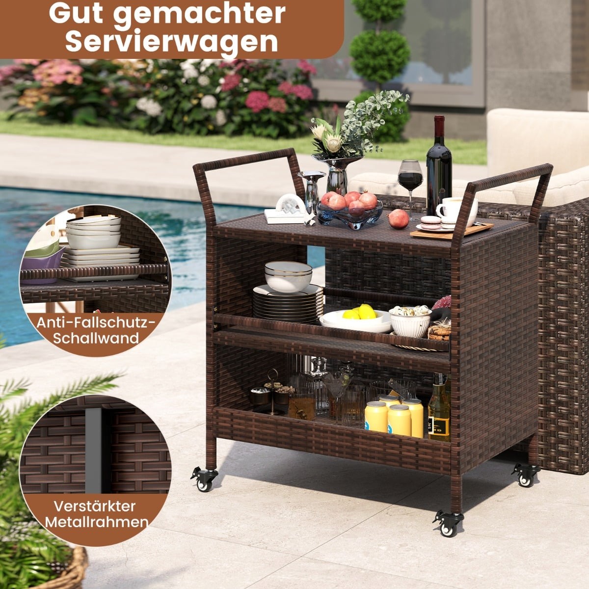3-Tier Outdoor Bar Cart with Lockable Wheels & Handles