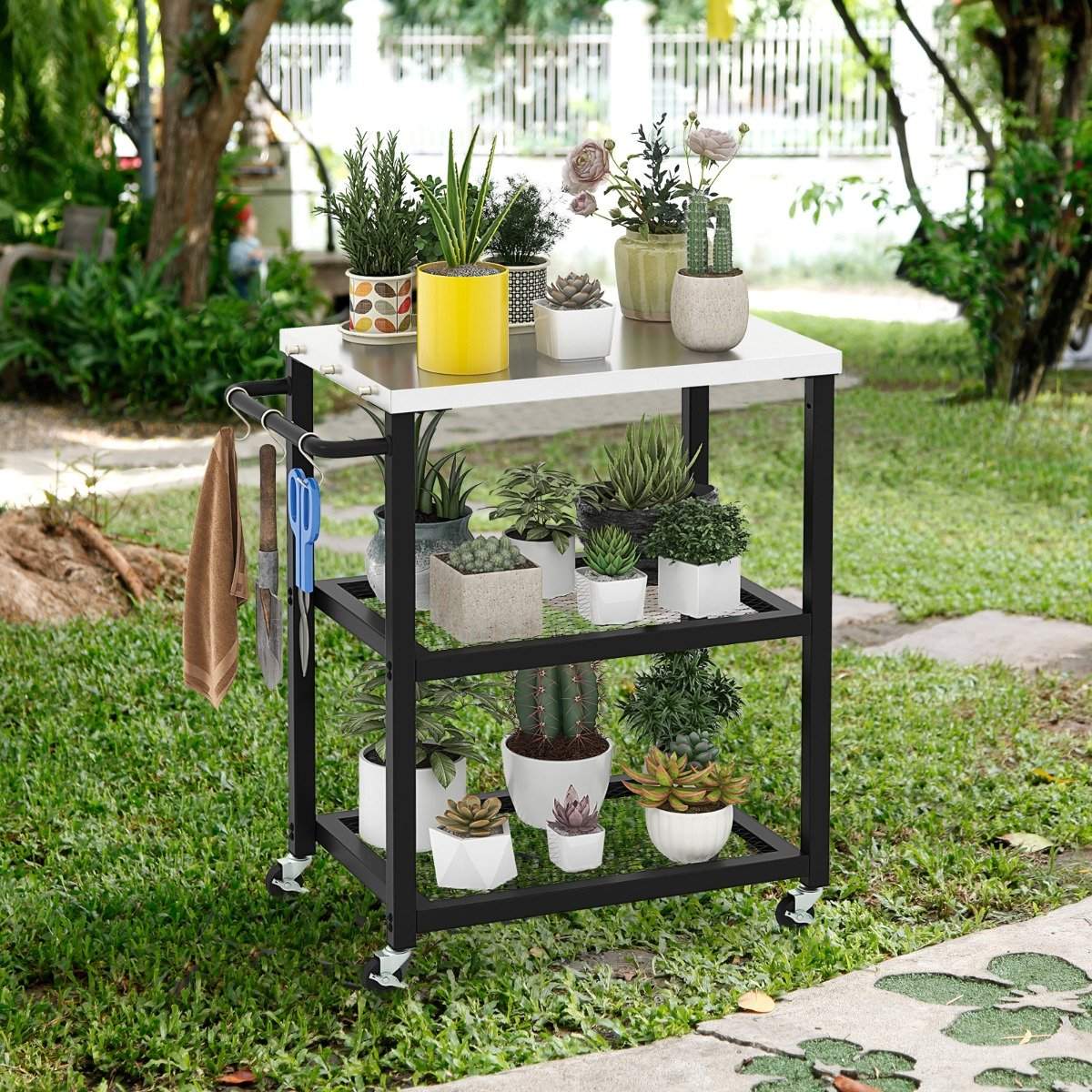 3 Tier Outdoor Grill Cart with 3 Hooks & Stainless Steel Plate & Handle Multi-Purpose Cart