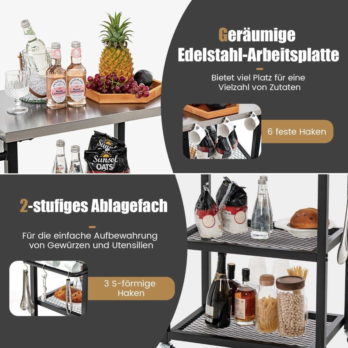 3 Tier Outdoor Grill Cart with 3 Hooks & Stainless Steel Plate & Handle Multi-Purpose Cart