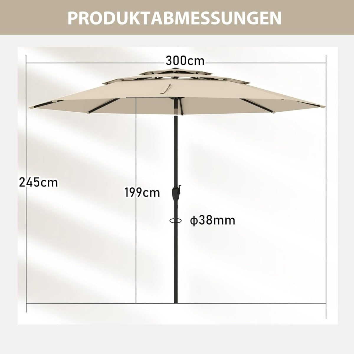 3-Tier Patio Umbrella, Beige, 300 cm, Wind-Resistant