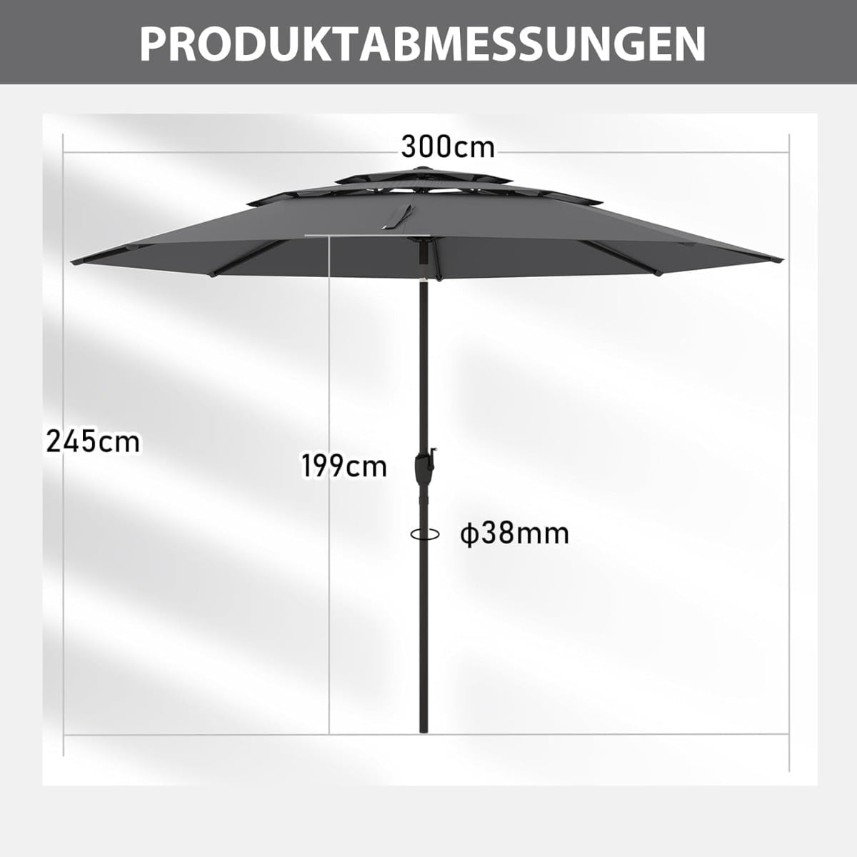 3-Tier Patio Umbrella, Crank, Tilt, 300cm, Grey