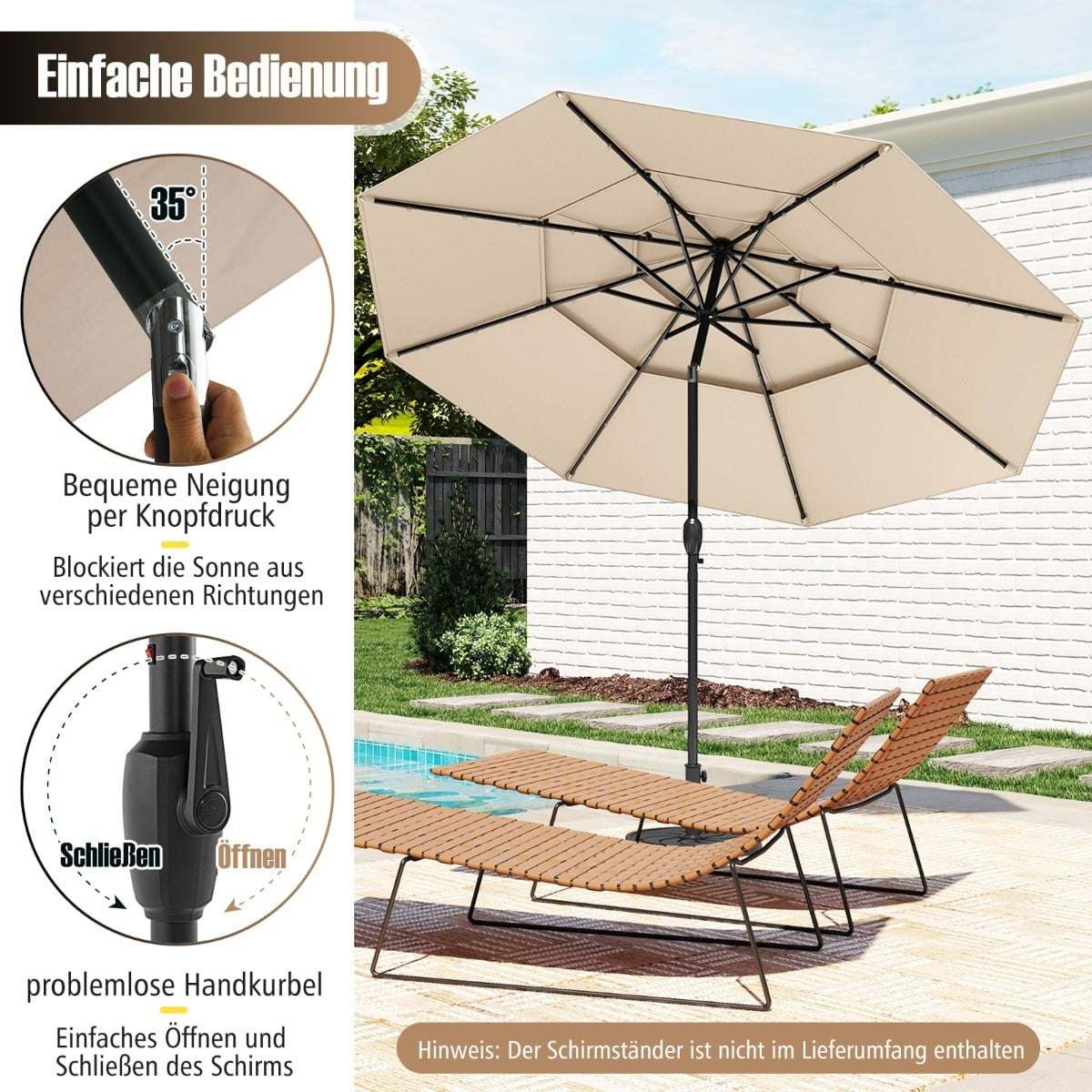 3-Tier Patio Umbrella, Solar LED, Crank Tilt, Beige