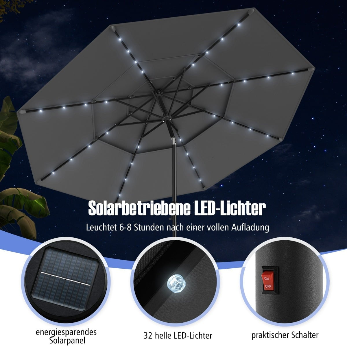 3-Tier Patio Umbrella with Solar LED Lights, Grey