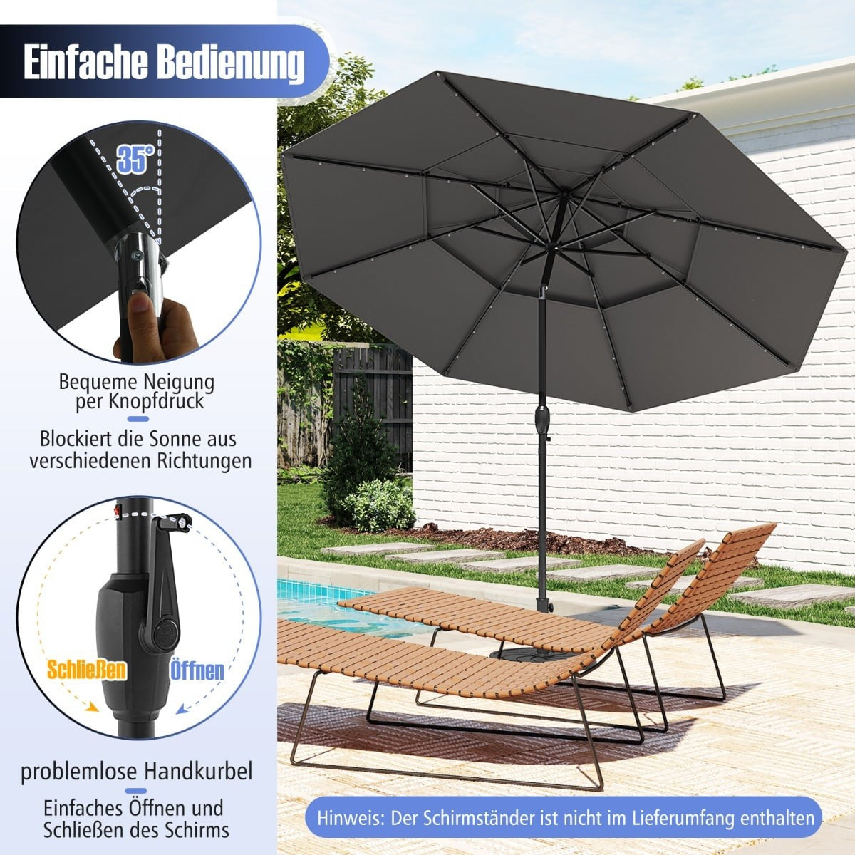3-Tier Patio Umbrella with Solar LED Lights, Grey