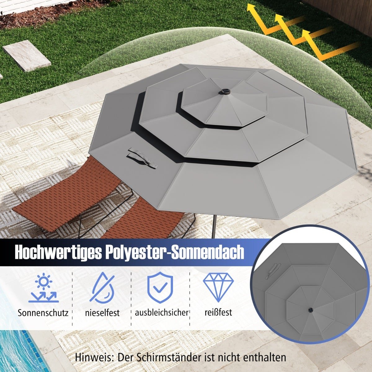 3-Tier Patio Umbrella with Solar LED Lights, Grey